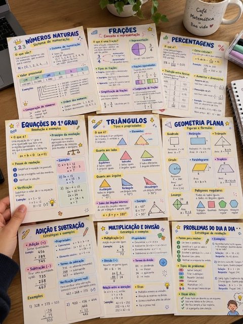 Mapas mentais de matemática impressos na secretária de estudo do Tiago Ferreira